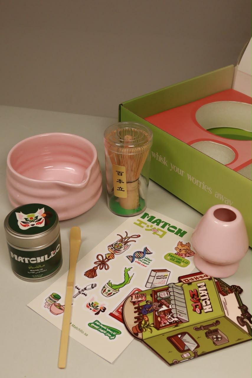 MATCHLLO full set with Uji matcha tin, pink bowl, whisk, scoop and stand